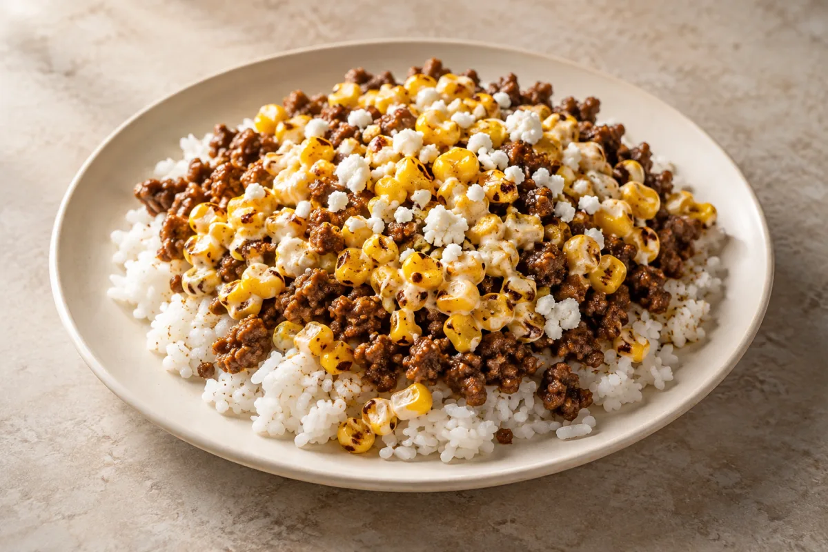 Street Corn Beef Bowl with Rice — meal illustration