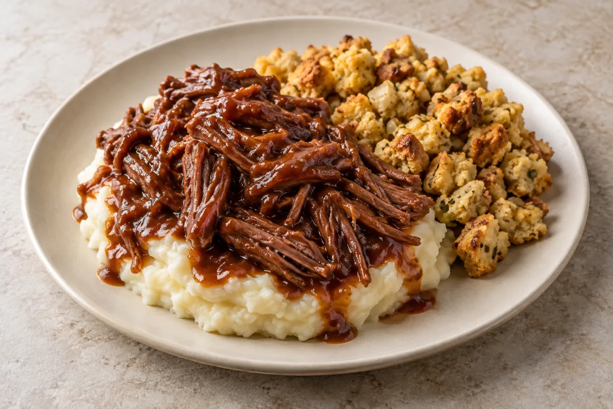 BBQ Shredded Brisket over Mashed Potatoes with Stuffing — meal illustration