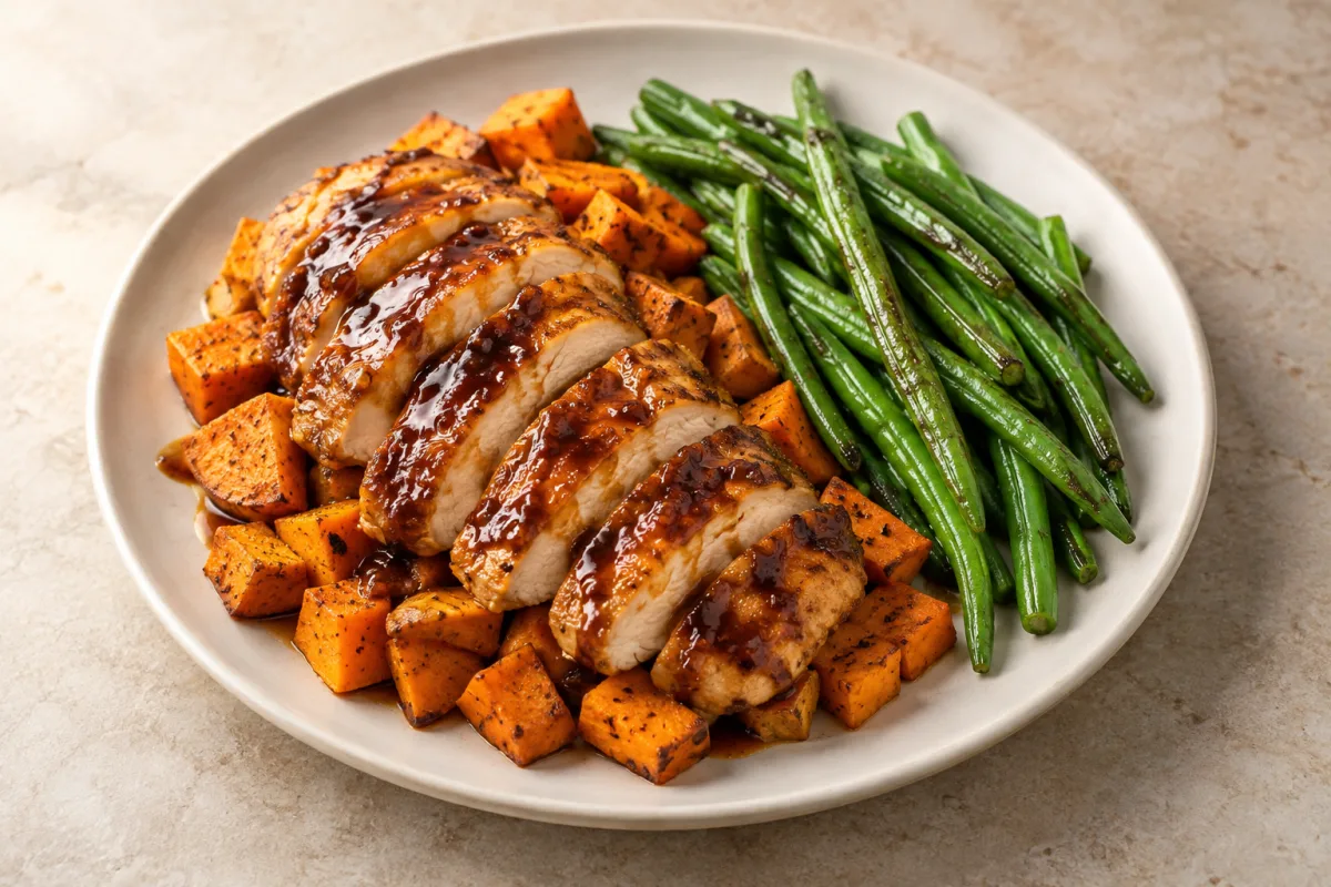 Teriyaki Chicken Breast over Sweet Potatoes with Green Beans — meal illustration