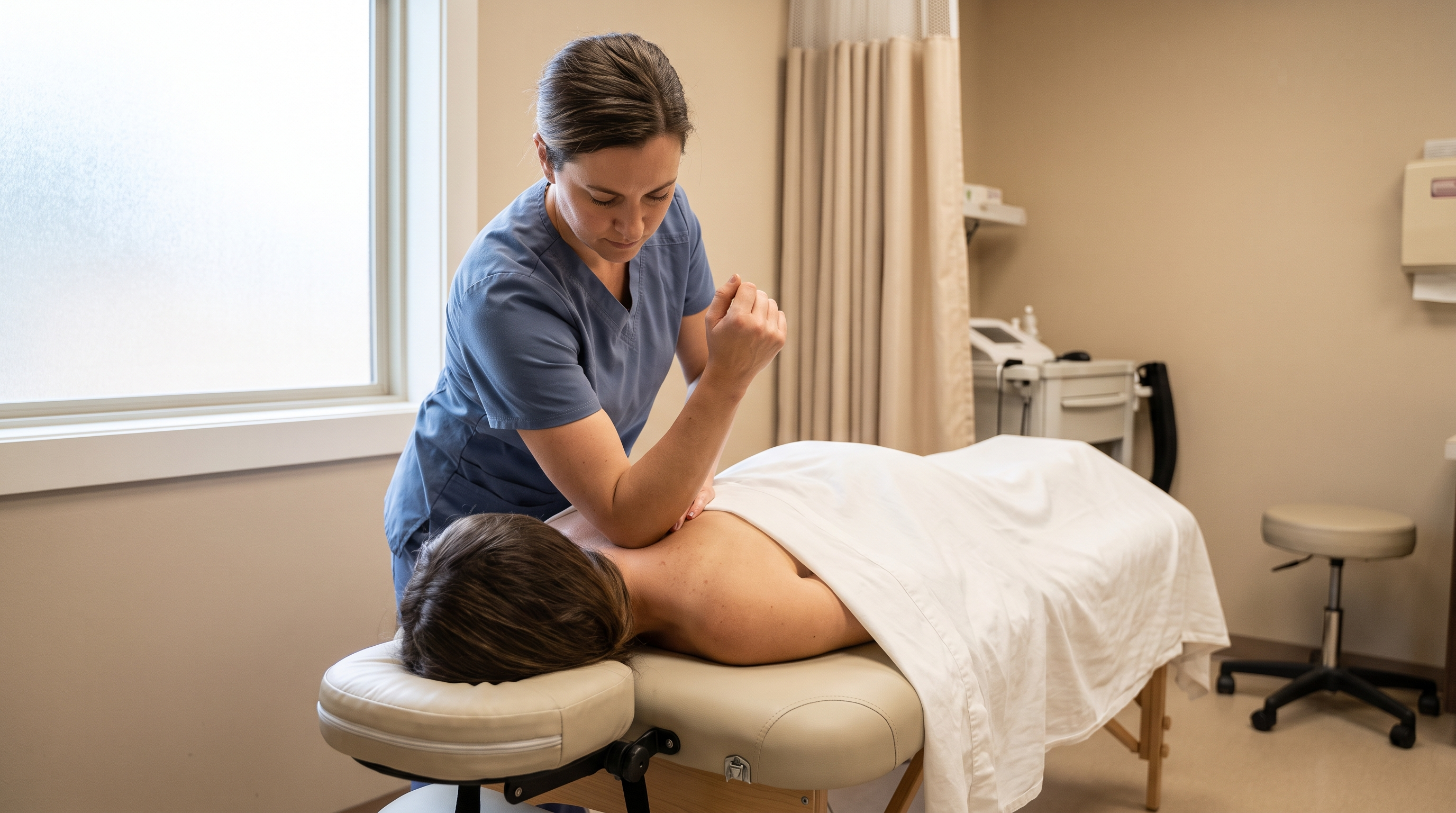 Massage therapist applying focused pressure to a patient's shoulder during a therapeutic massage.