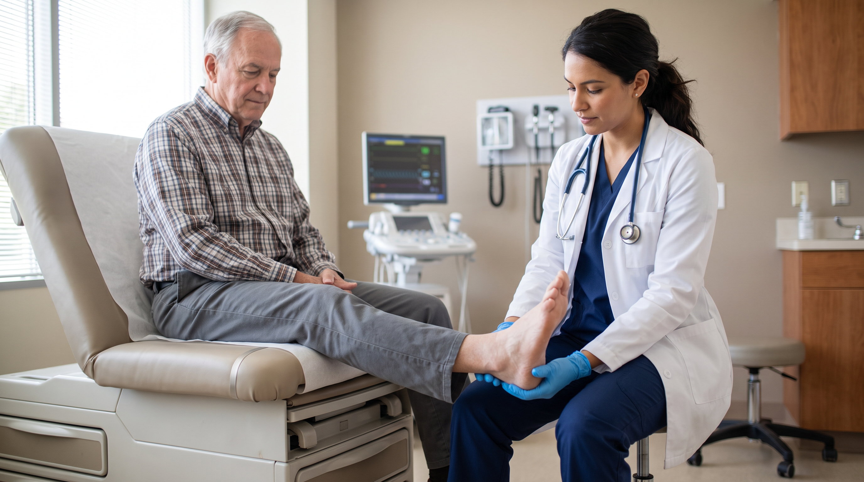 Clinician examining an older adult patient's foot during a diabetic foot check.