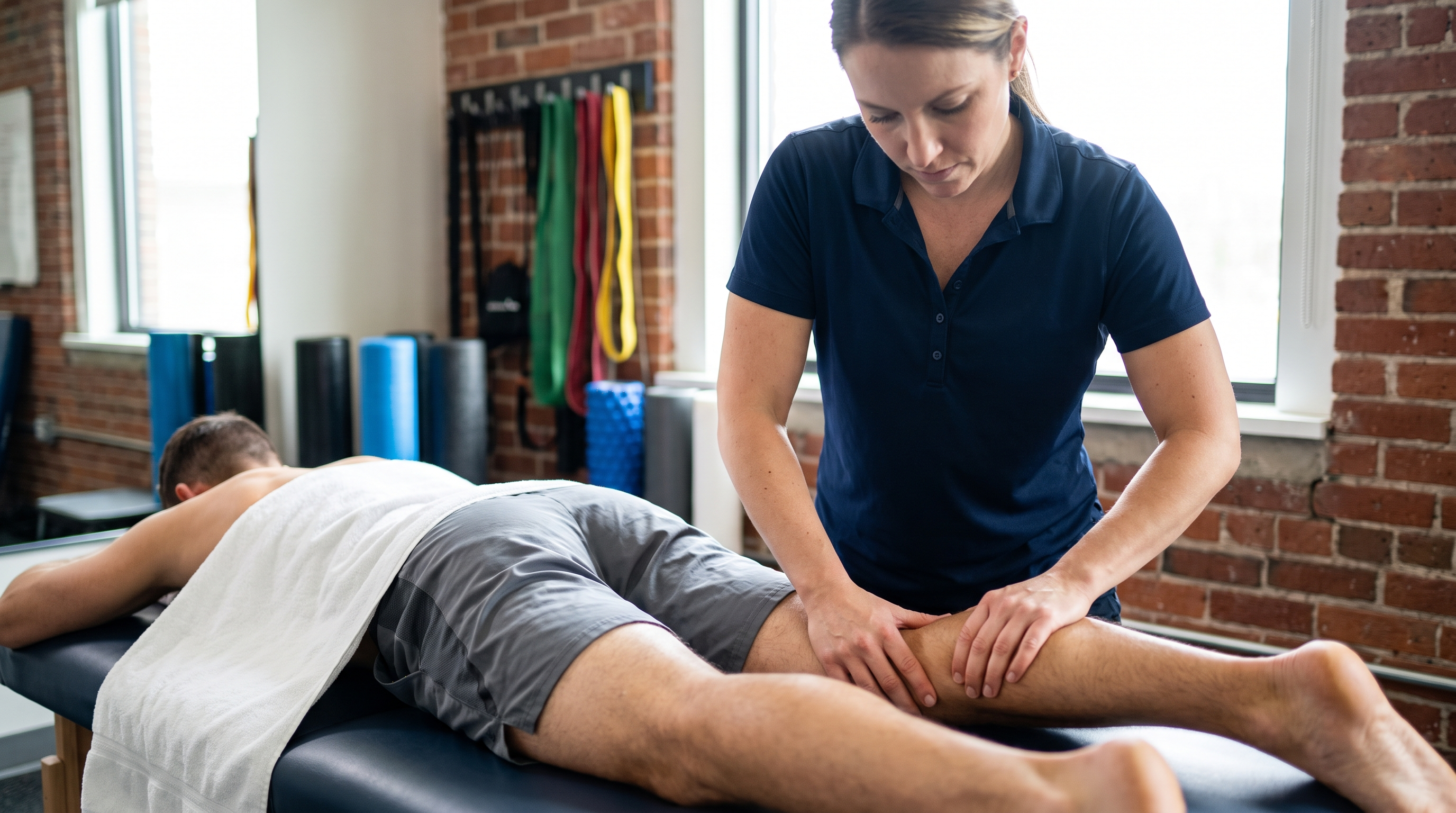 Sports massage therapist working on the calf and hamstring of an athletic patient.