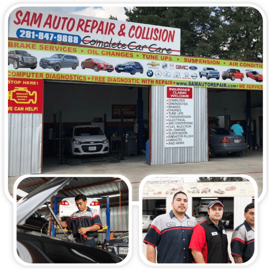 Sam Auto Repair & Collision’s original shop and team photo collage