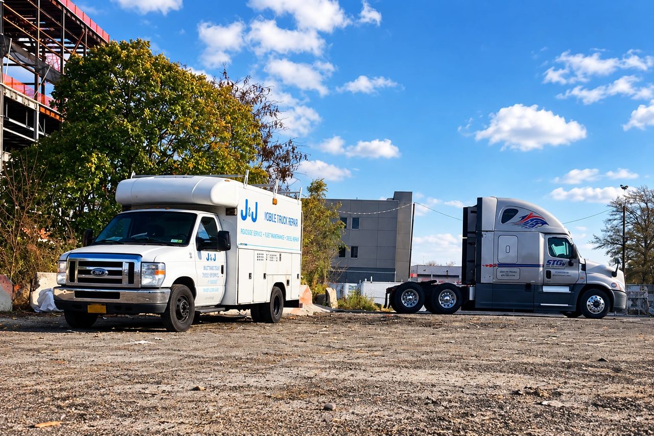 J & J’s mobile service truck beside a commercial tractor