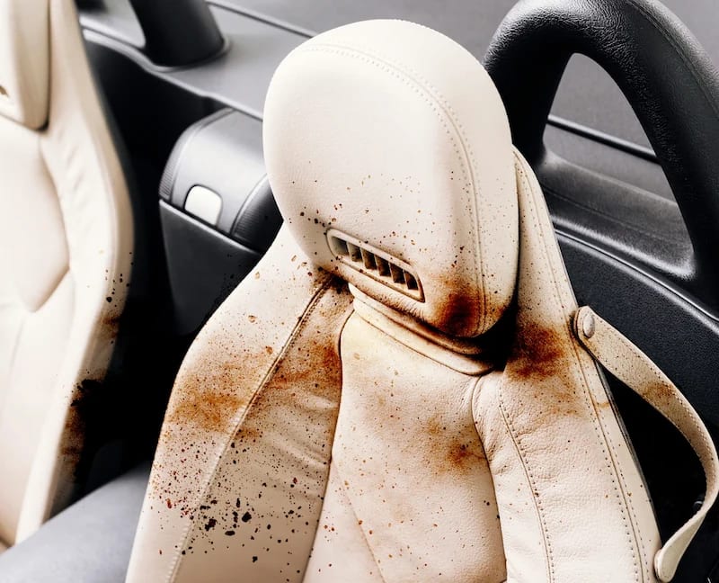 Cream leather seat before interior cleaning