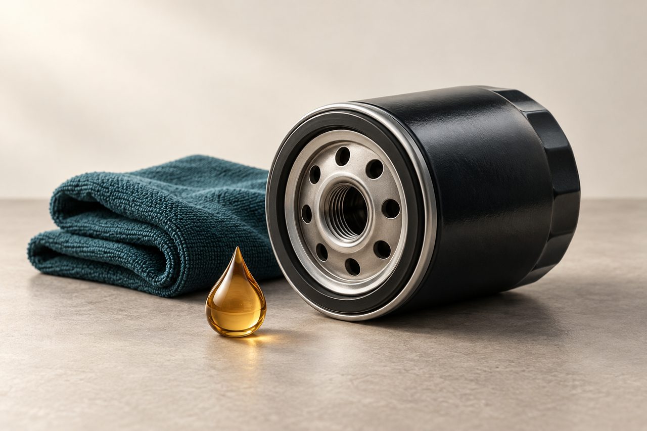 Illustration of an oil filter beside a folded teal workshop cloth