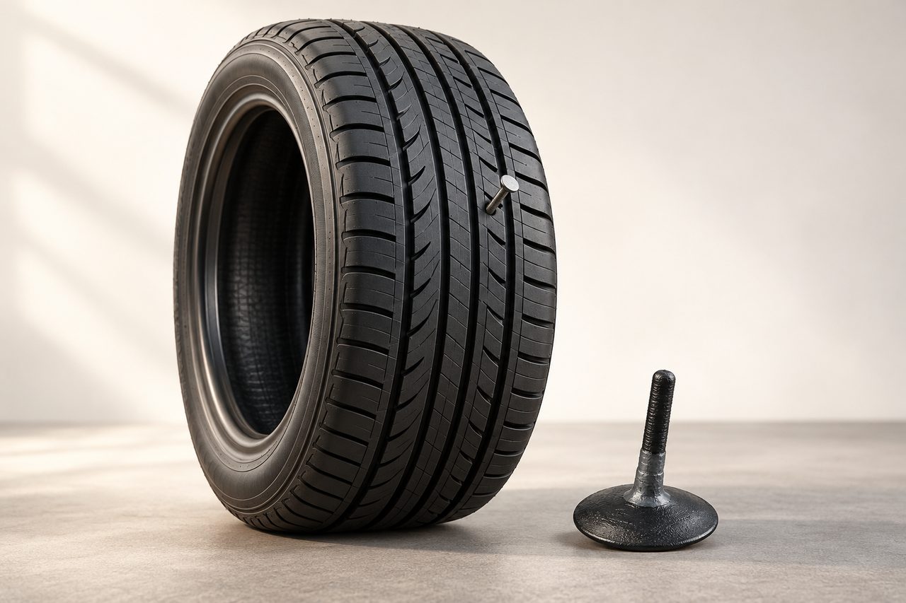 Illustration of a tire with a tread puncture and a repair patch