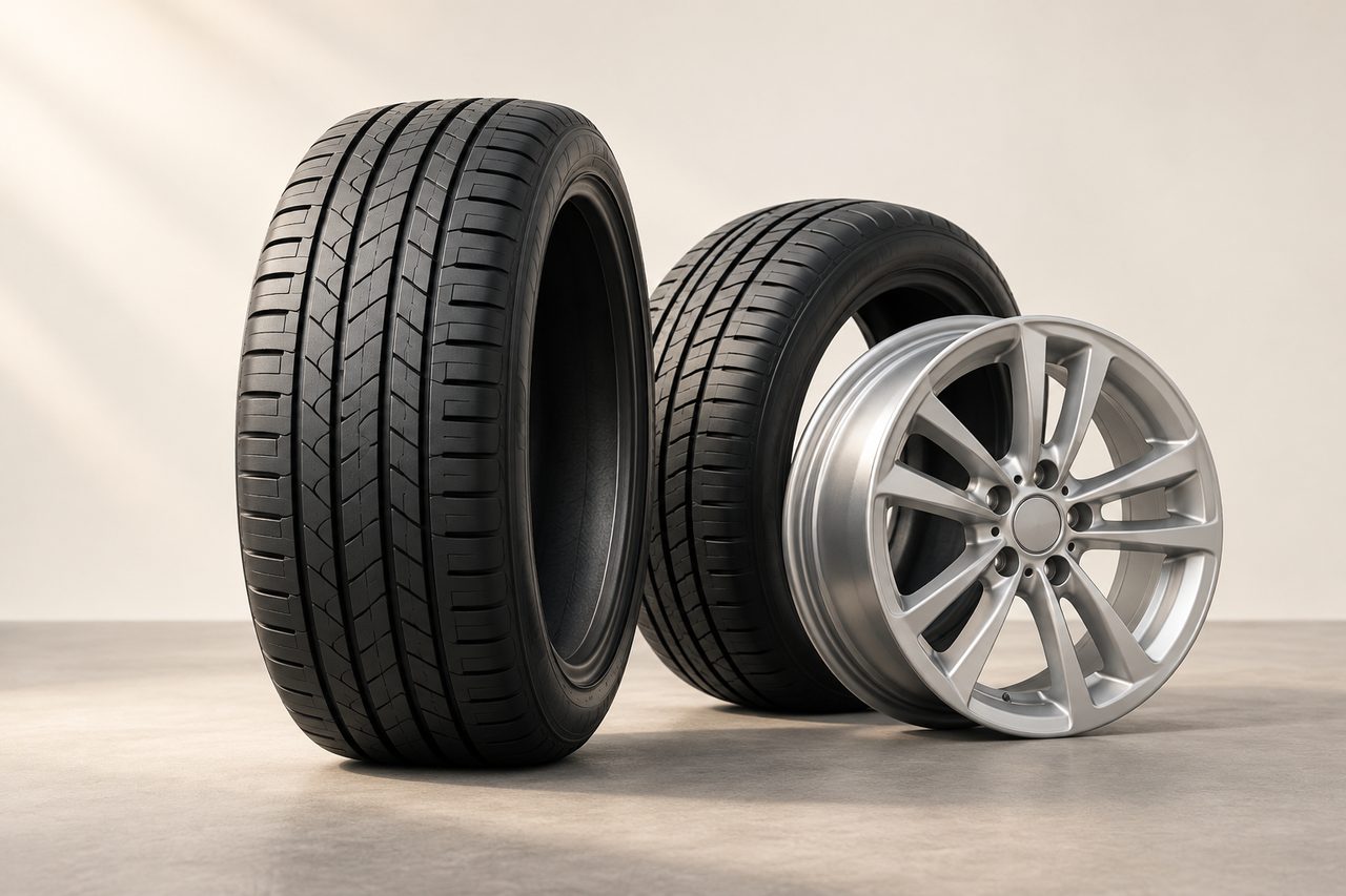 Illustration of two passenger tires and a silver wheel