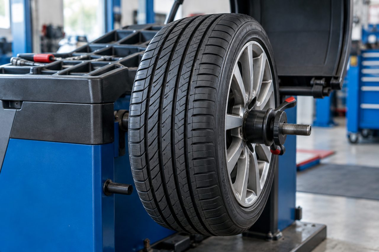Tire installation & balancing — representative AI-generated service illustration