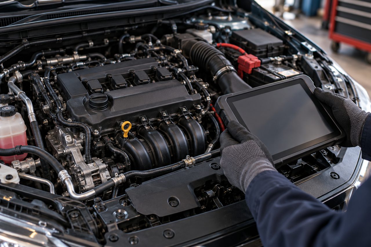 Check engine diagnostics — representative AI-generated service illustration