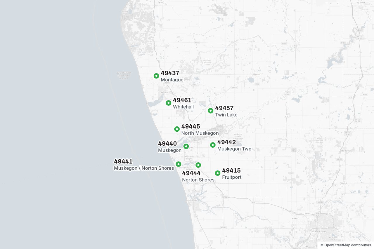 Map of the Muskegon area ZIP codes served by Absolute Tree Service, from Montague and Whitehall down to Fruitport