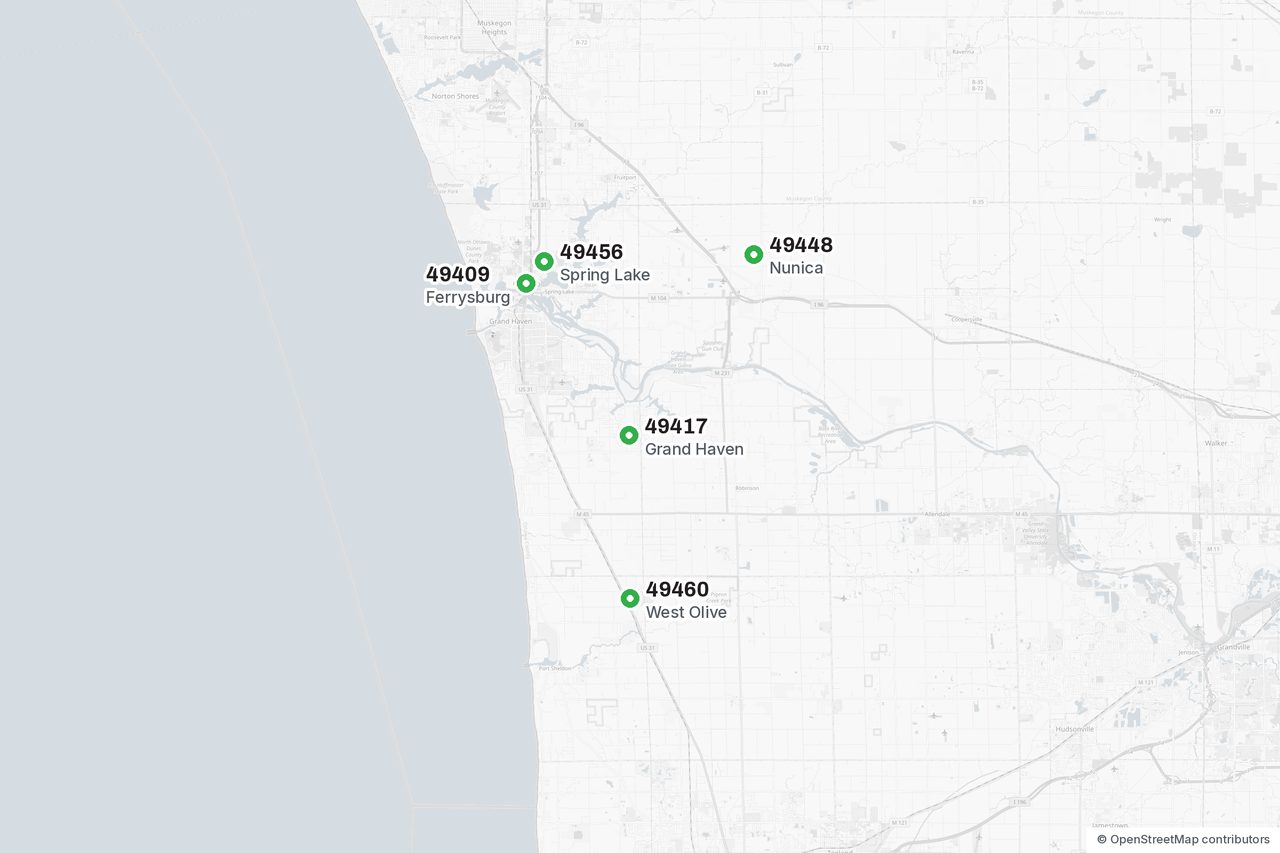 Map of Grand Haven, Spring Lake, Ferrysburg, West Olive and Nunica ZIP codes served by Absolute Tree Service