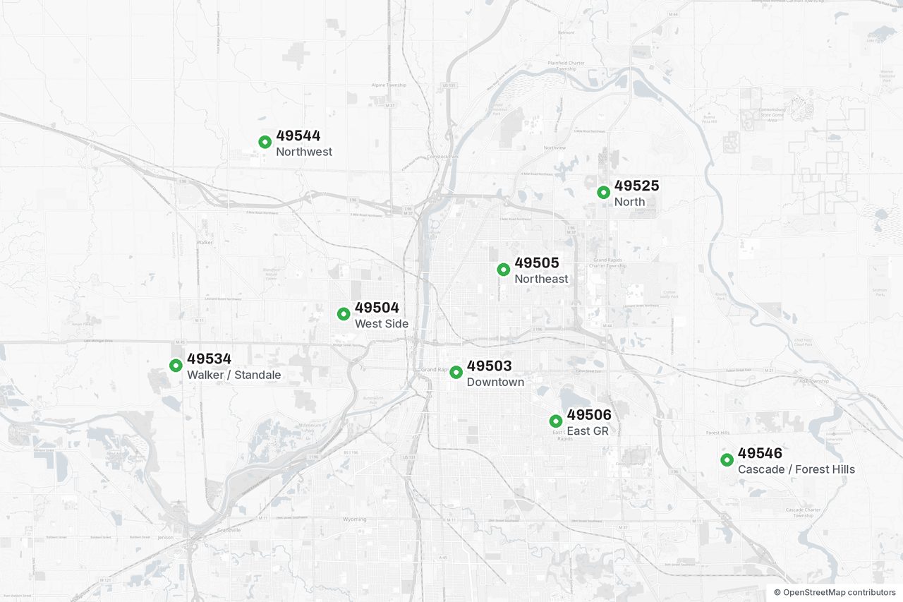 Map of Grand Rapids ZIP codes served by Absolute Tree Service, including downtown, the West Side, Walker, Plainfield and Cascade