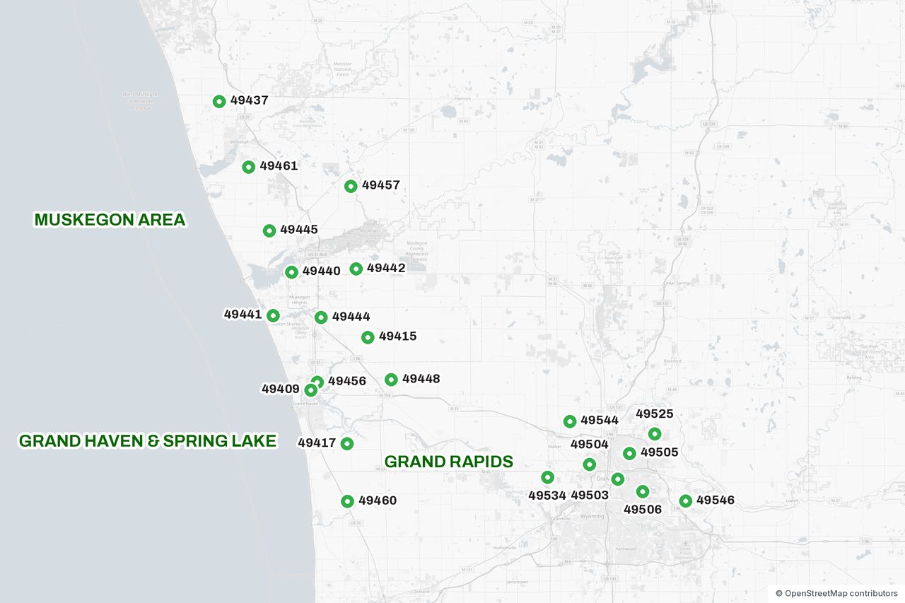 Map of Absolute Tree Service's service area across Muskegon, Grand Haven, Spring Lake and Grand Rapids, with a pin for each ZIP code