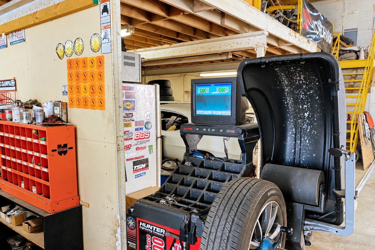 Wheel and tire on the Hunter wheel balancer at Mac Tires