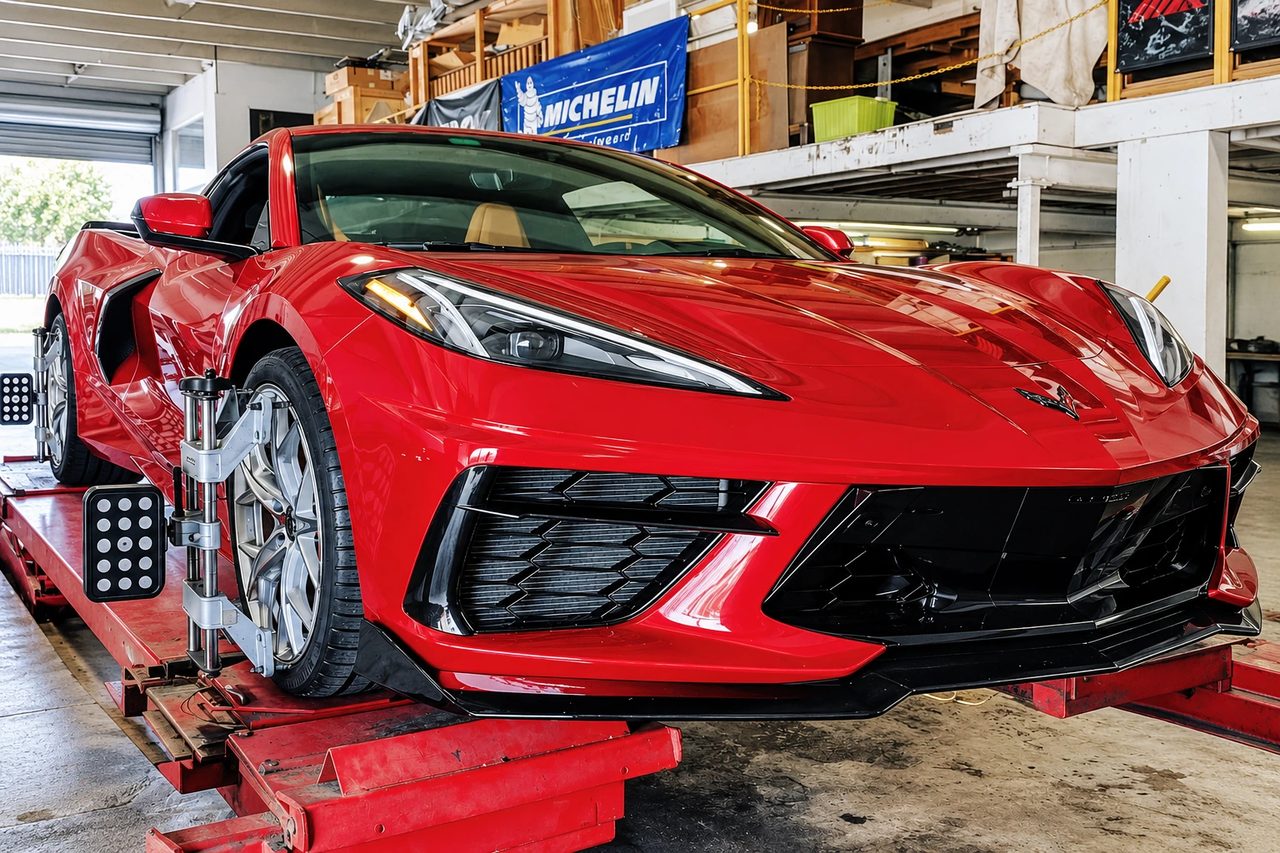 A C8 Corvette on the rack