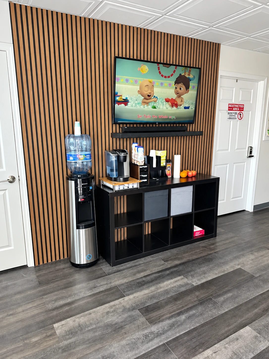 Coffee station and waiting area at John’s Auto Care